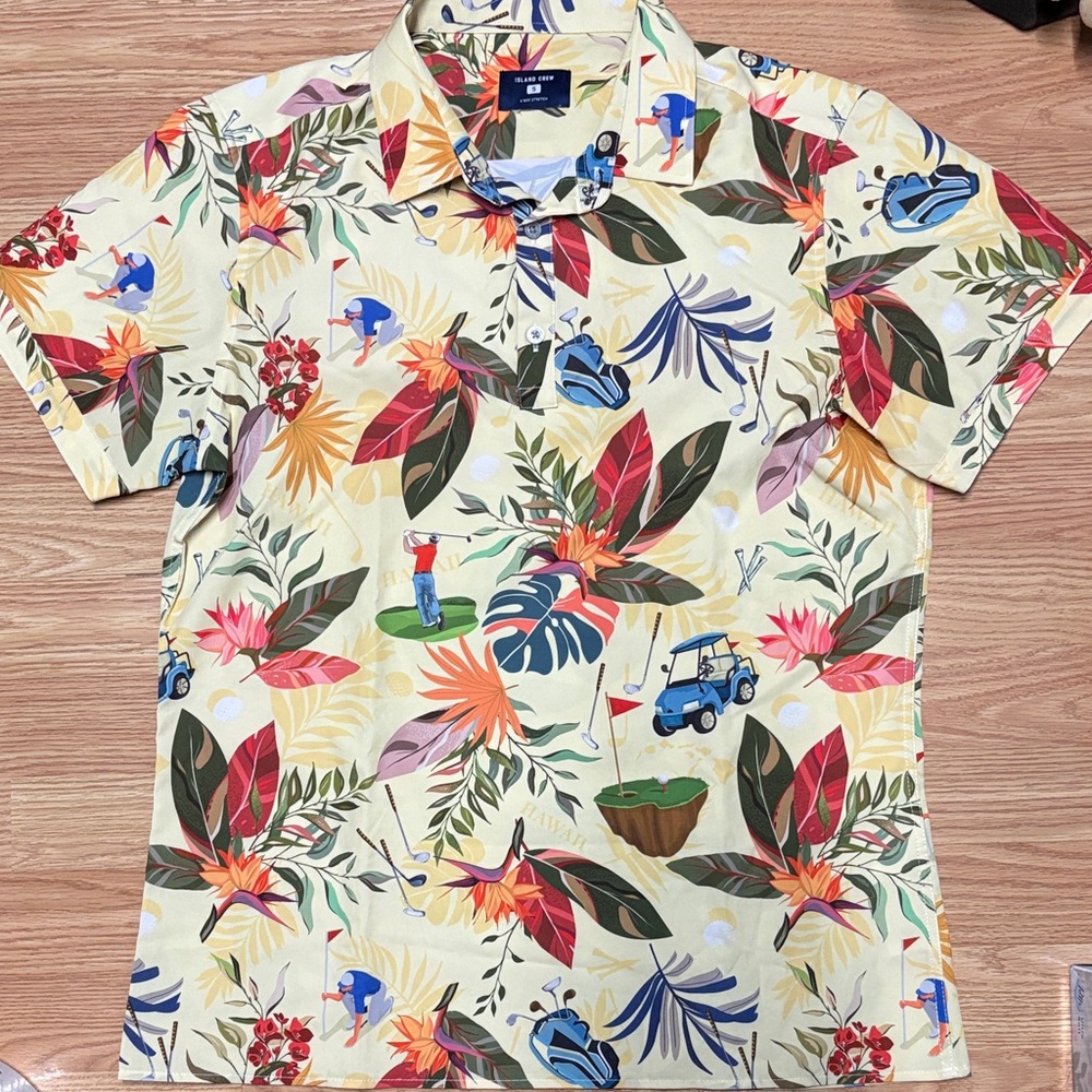 Men's Yellow Tropical Golf Print Short-Sleeve Shirt